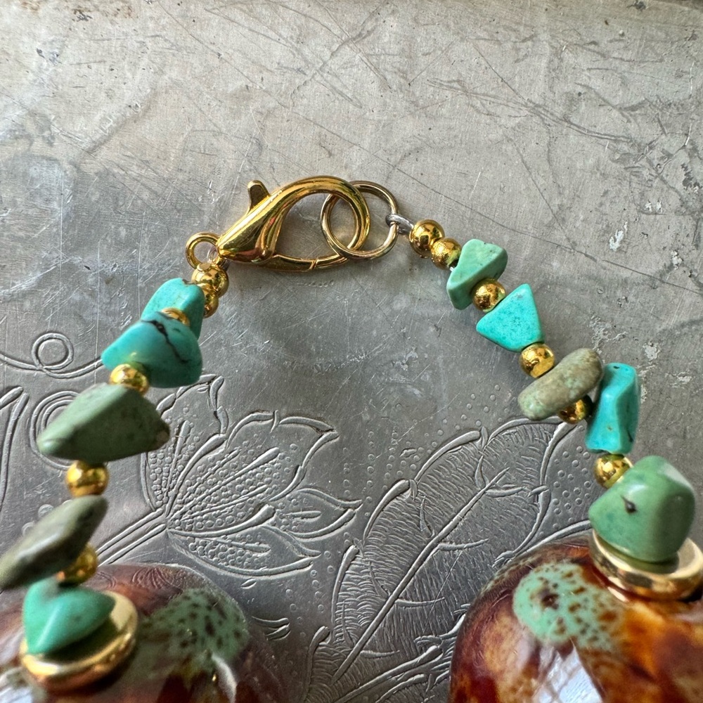 Handmade Turquoise Natural Stone and Ceramic Brown Beaded Necklace - Picture 4 of 7